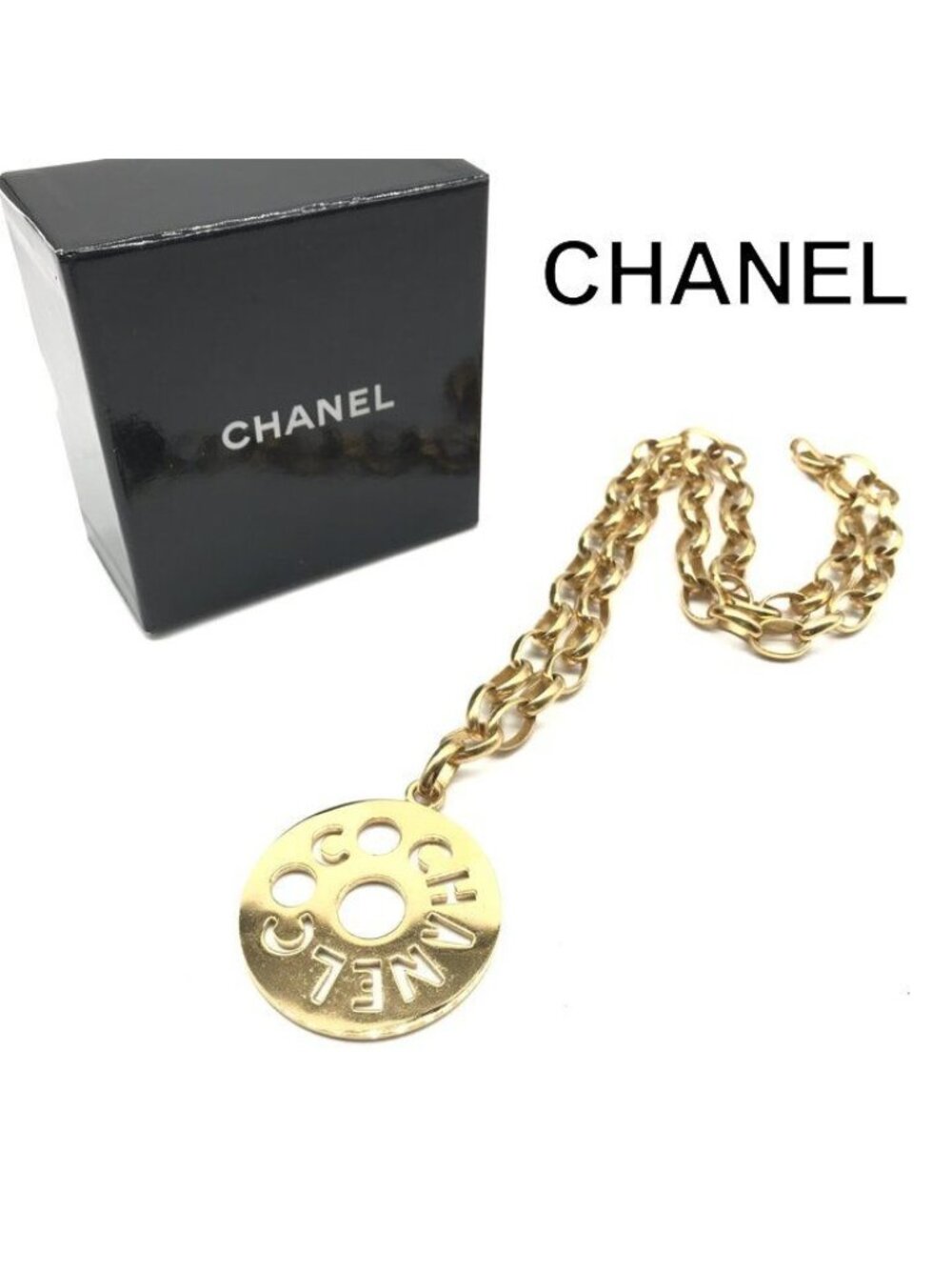 Chanel Round Logo Plate Necklace Chain Belt Gold Vintage